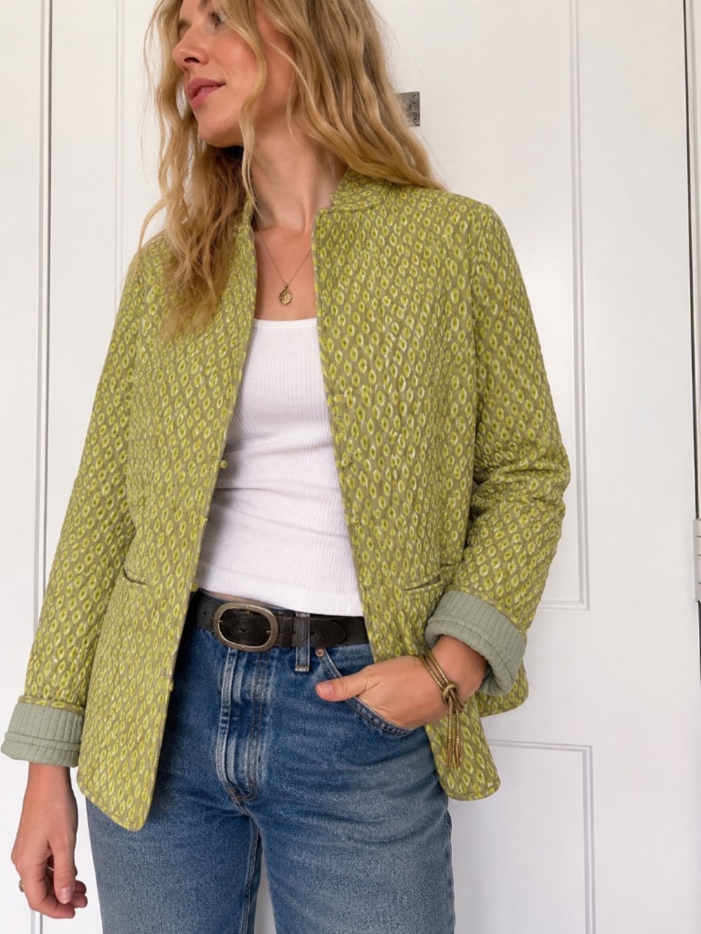 Nila Rubia Green Block Print Quilted Cotton Jacket M